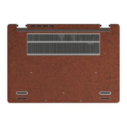 Bottom view of Classic Brown Hibiscus synthetic leather skin, rendered on Dell Pro 16 (PC16250) as a model reference.