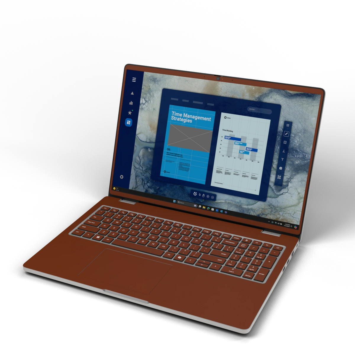 Front three-quarter view of Classic Brown Hibiscus synthetic leather skin, rendered on Dell Pro 16 (PC16250) as a model reference.