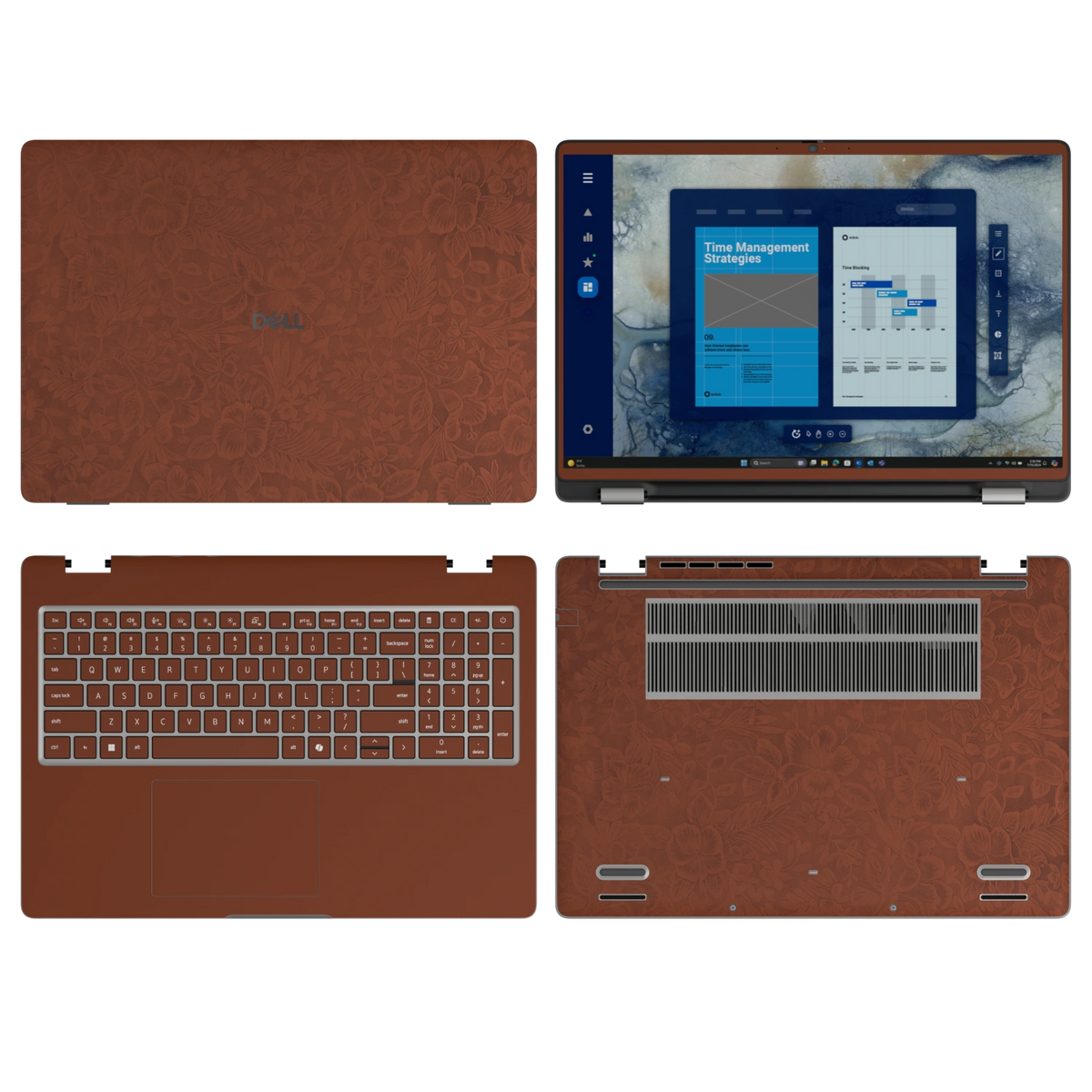 Classic Brown Hibiscus synthetic leather skin a+b+c+d coverage layout: top lid, screen bezel, inside and bottom, rendered for Dell Pro 16 (PC16250); exact pieces follow the selected coverage.