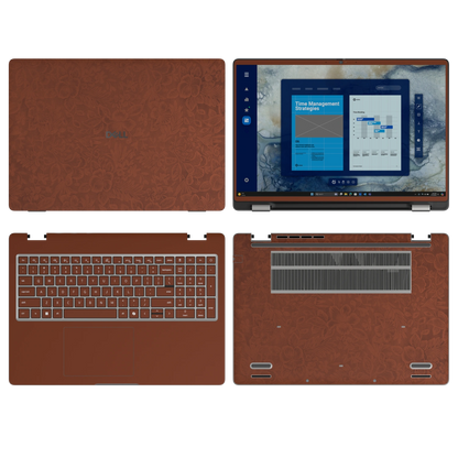 Classic Brown Hibiscus synthetic leather skin a+b+c+d coverage layout: top lid, screen bezel, inside and bottom, rendered for Dell Pro 16 (PC16250); exact pieces follow the selected coverage.