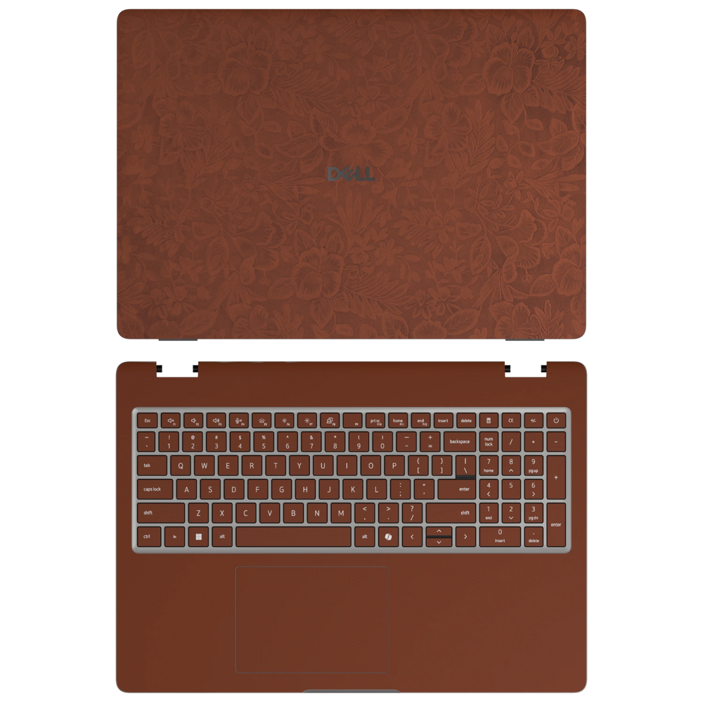 Classic Brown Hibiscus synthetic leather skin a+c coverage layout: top lid and inside, rendered for Dell Pro 16 (PC16250); exact pieces follow the selected coverage.