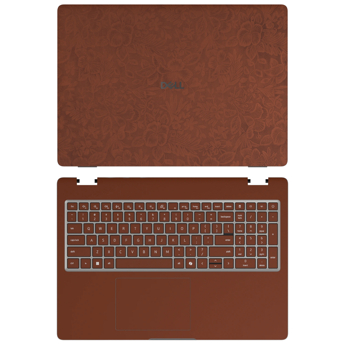 Classic Brown Hibiscus synthetic leather skin a+c coverage layout: top lid and inside, rendered for Dell Pro 16 (PC16250); exact pieces follow the selected coverage.