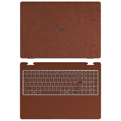 Classic Brown Hibiscus synthetic leather skin a+c coverage layout: top lid and inside, rendered for Dell Pro 16 (PC16250); exact pieces follow the selected coverage.
