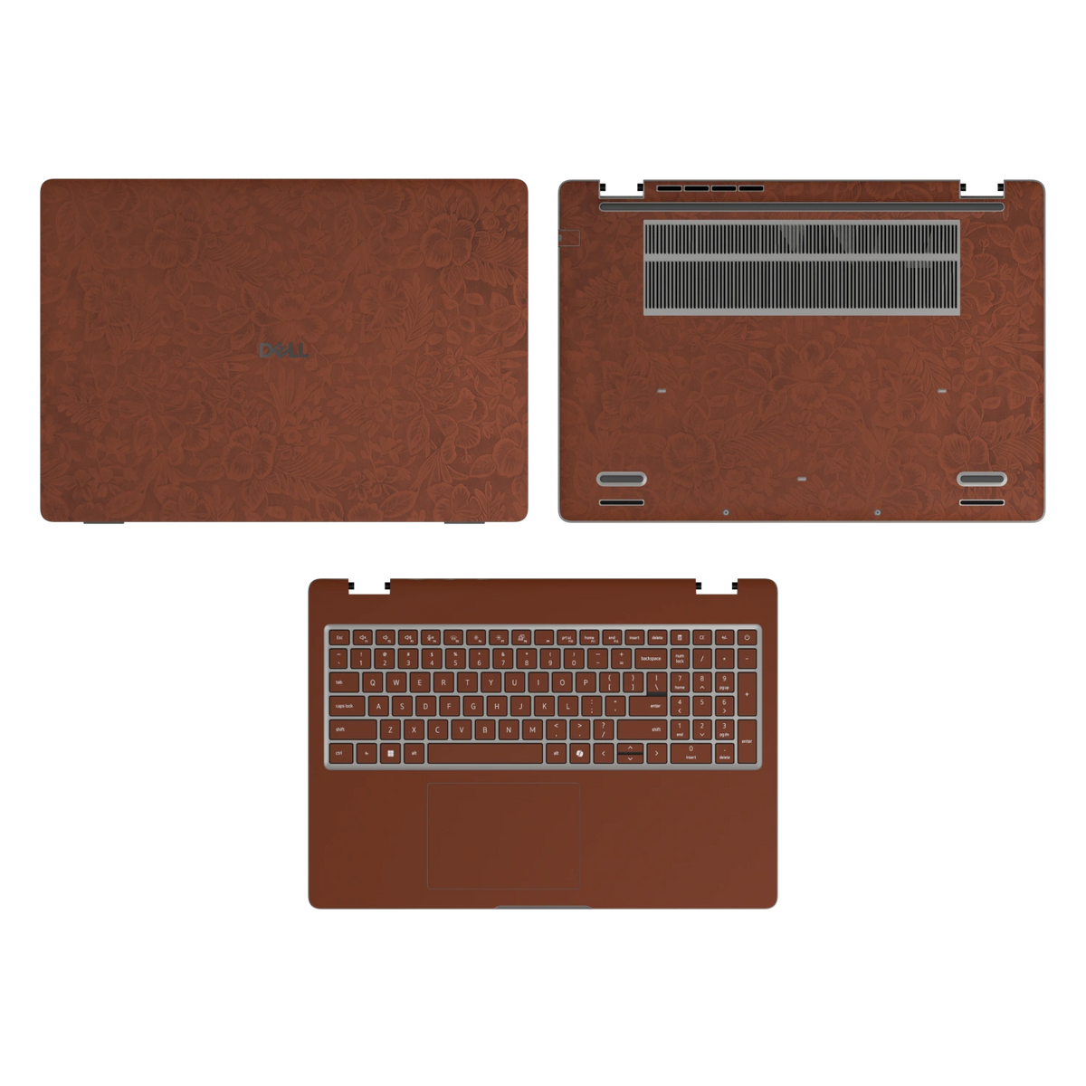Classic Brown Hibiscus synthetic leather skin a+c+d coverage layout: top lid, inside and bottom, rendered for Dell Pro 16 (PC16250); exact pieces follow the selected coverage.