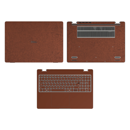 Classic Brown Hibiscus synthetic leather skin a+c+d coverage layout: top lid, inside and bottom, rendered for Dell Pro 16 (PC16250); exact pieces follow the selected coverage.