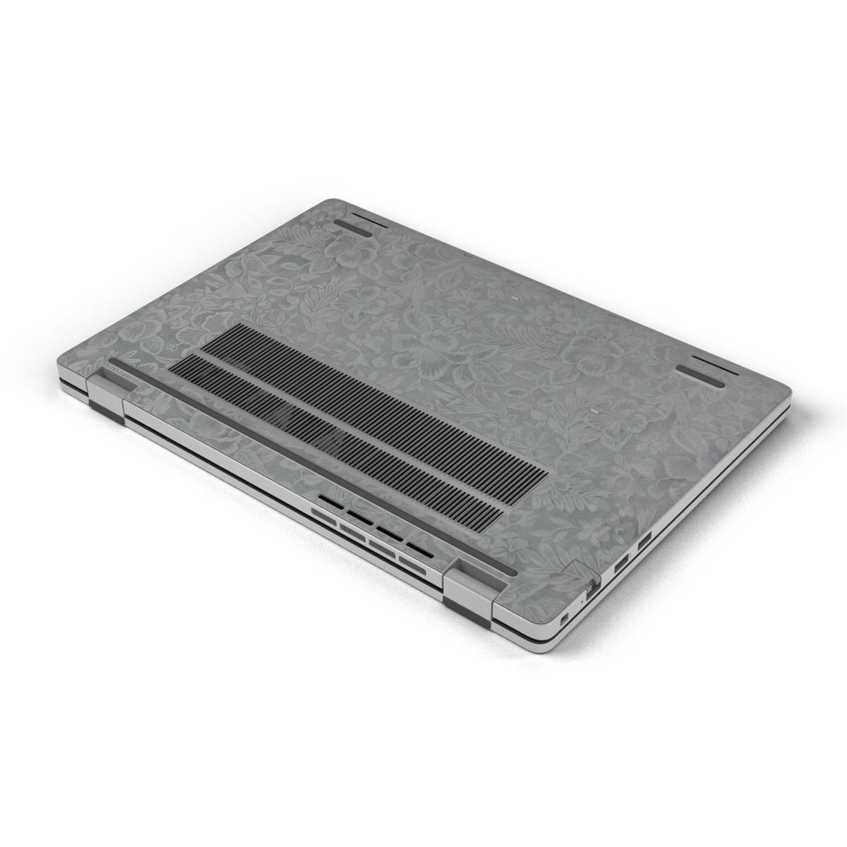 Oblique bottom view of Classic Gray Hibiscus synthetic leather skin, rendered on Dell Pro 16 (PC16250) as a model reference.