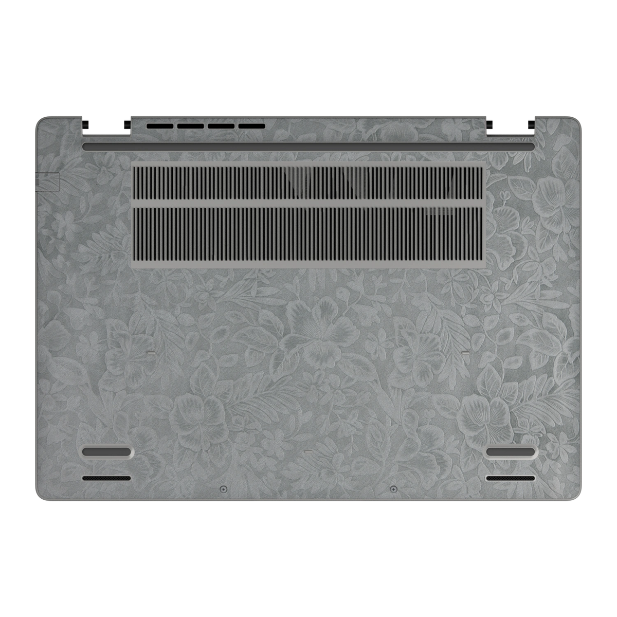Bottom view of Classic Gray Hibiscus synthetic leather skin, rendered on Dell Pro 16 (PC16250) as a model reference.