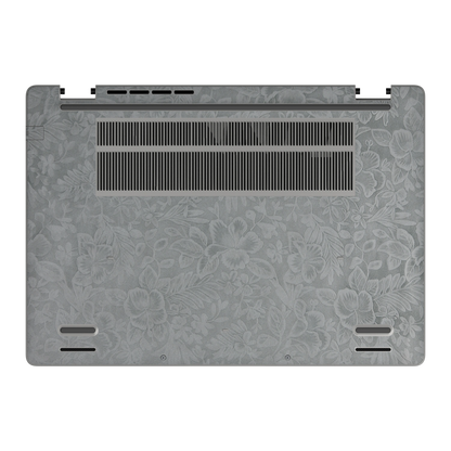 Bottom view of Classic Gray Hibiscus synthetic leather skin, rendered on Dell Pro 16 (PC16250) as a model reference.