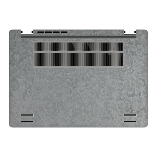 Bottom view of Classic Gray Hibiscus synthetic leather skin, rendered on Dell Pro 16 (PC16250) as a model reference.