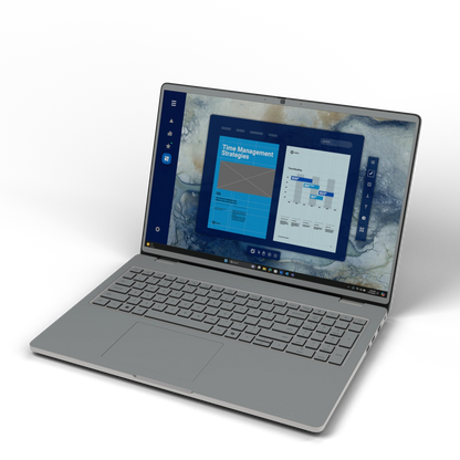Front three-quarter view of Classic Gray Hibiscus synthetic leather skin, rendered on Dell Pro 16 (PC16250) as a model reference.