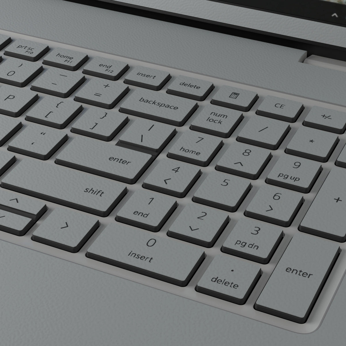Keycap and leather-texture close-up of Classic Gray Hibiscus synthetic leather skin, rendered on Dell Pro 16 (PC16250) as a model reference.