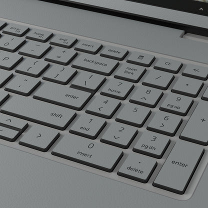 Keycap and leather-texture close-up of Classic Gray Hibiscus synthetic leather skin, rendered on Dell Pro 16 (PC16250) as a model reference.