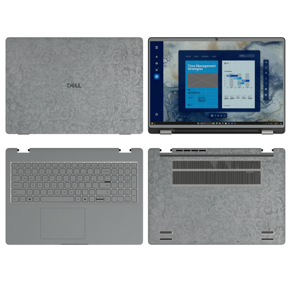 Classic Gray Hibiscus synthetic leather skin a+b+c+d coverage layout: top lid, screen bezel, inside and bottom, rendered for Dell Pro 16 (PC16250); exact pieces follow the selected coverage.
