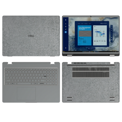 Classic Gray Hibiscus synthetic leather skin a+b+c+d coverage layout: top lid, screen bezel, inside and bottom, rendered for Dell Pro 16 (PC16250); exact pieces follow the selected coverage.