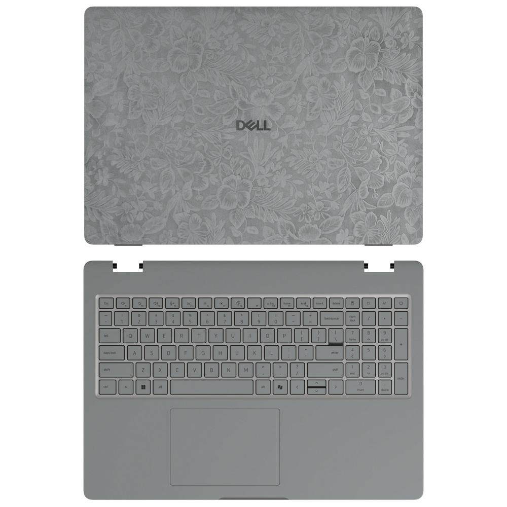 Classic Gray Hibiscus synthetic leather skin a+c coverage layout: top lid and inside, rendered for Dell Pro 16 (PC16250); exact pieces follow the selected coverage.