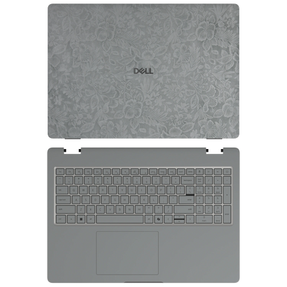 Classic Gray Hibiscus synthetic leather skin a+c coverage layout: top lid and inside, rendered for Dell Pro 16 (PC16250); exact pieces follow the selected coverage.