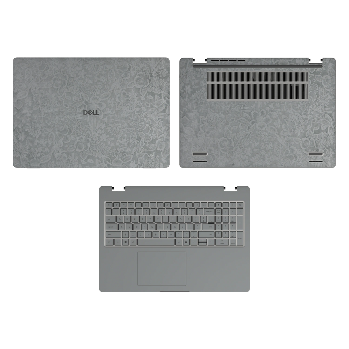 Classic Gray Hibiscus synthetic leather skin a+c+d coverage layout: top lid, inside and bottom, rendered for Dell Pro 16 (PC16250); exact pieces follow the selected coverage.