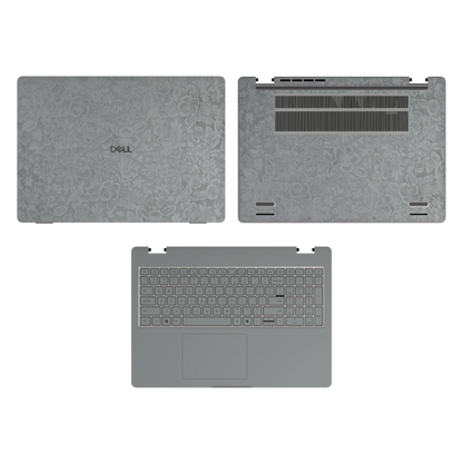Classic Gray Hibiscus synthetic leather skin a+c+d coverage layout: top lid, inside and bottom, rendered for Dell Pro 16 (PC16250); exact pieces follow the selected coverage.