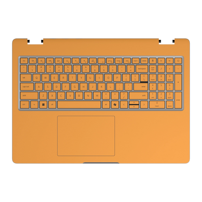 Keyboard deck and palm rest view of Sunny Yellow Hibiscus synthetic leather skin, rendered on Dell Pro 16 (PC16250) as a model reference.
