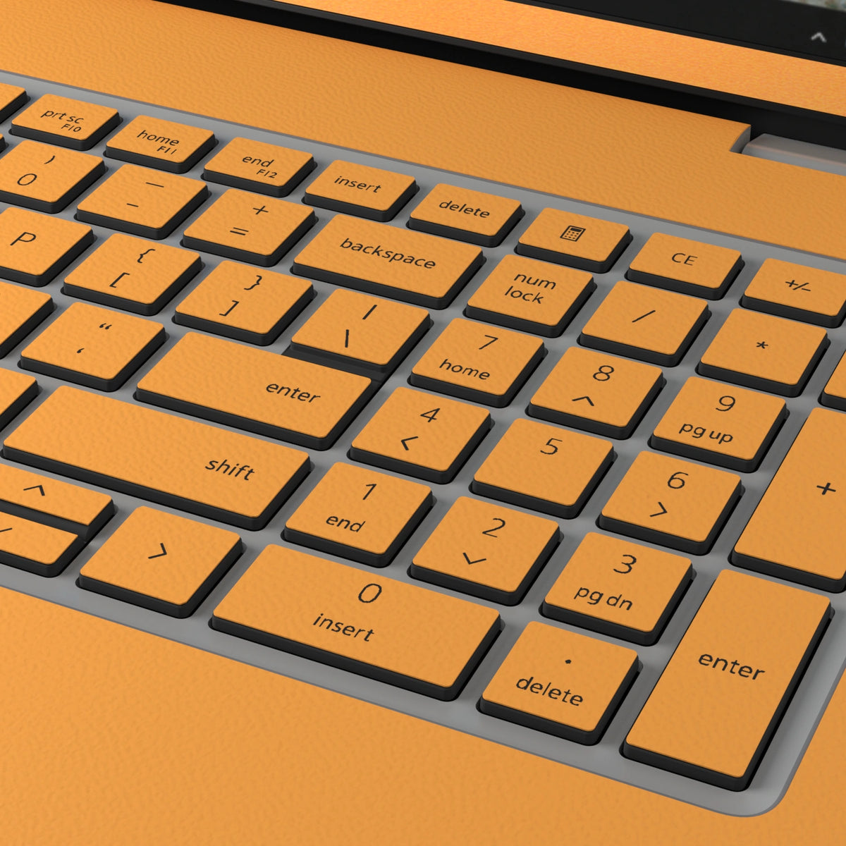 Keycap and leather-texture close-up of Sunny Yellow Hibiscus synthetic leather skin, rendered on Dell Pro 16 (PC16250) as a model reference.