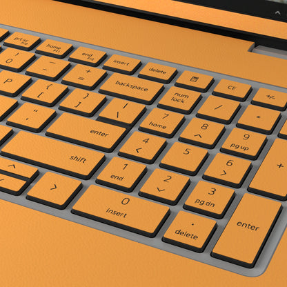 Keycap and leather-texture close-up of Sunny Yellow Hibiscus synthetic leather skin, rendered on Dell Pro 16 (PC16250) as a model reference.