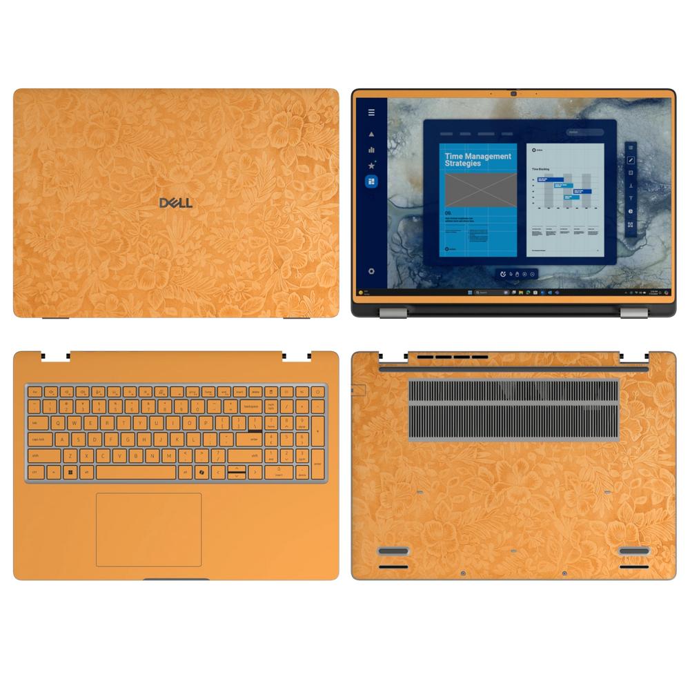 Sunny Yellow Hibiscus synthetic leather skin a+b+c+d coverage layout: top lid, screen bezel, inside and bottom, rendered for Dell Pro 16 (PC16250); exact pieces follow the selected coverage.