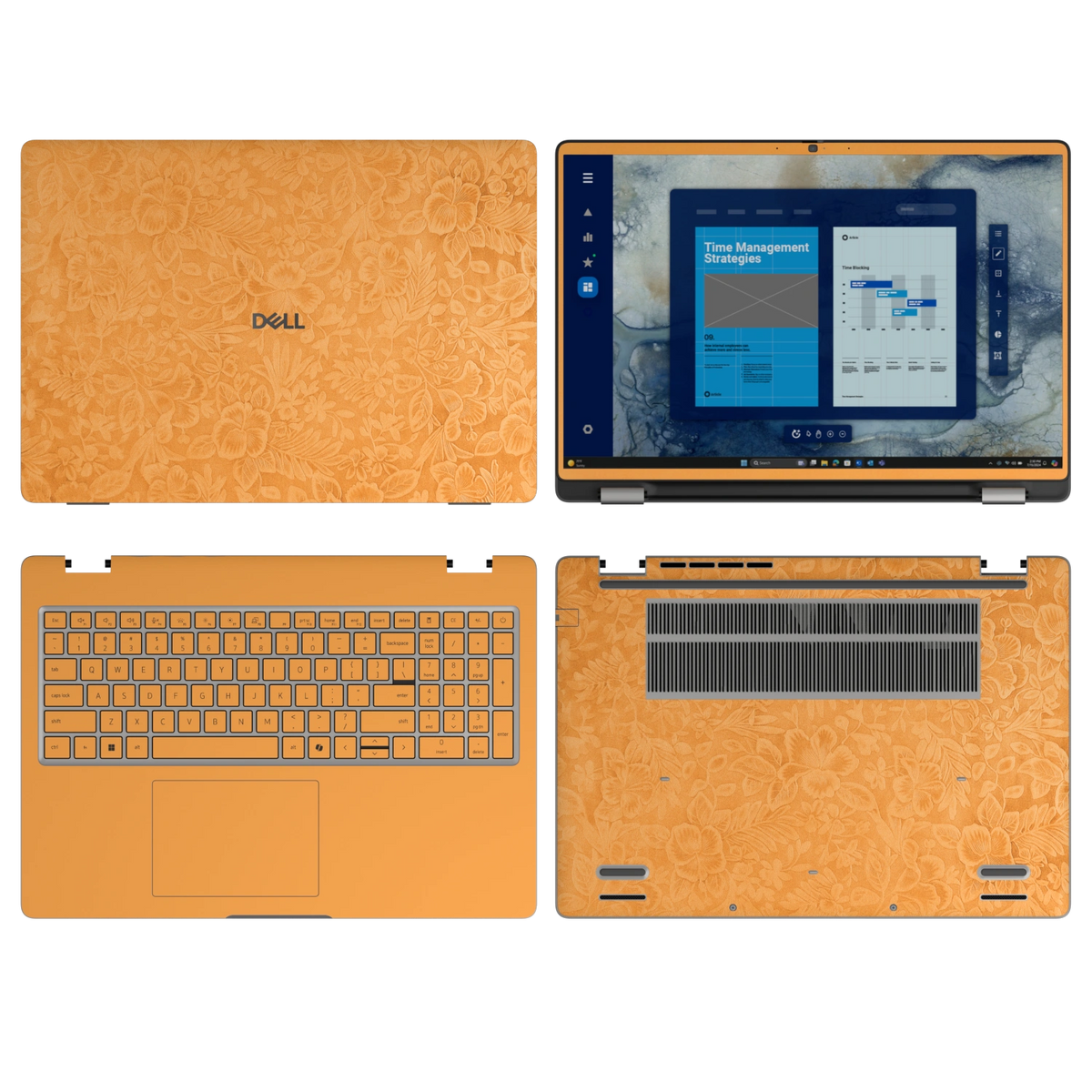 Sunny Yellow Hibiscus synthetic leather skin a+b+c+d coverage layout: top lid, screen bezel, inside and bottom, rendered for Dell Pro 16 (PC16250); exact pieces follow the selected coverage.