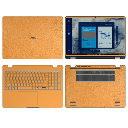 Sunny Yellow Hibiscus synthetic leather skin a+b+c+d coverage layout: top lid, screen bezel, inside and bottom, rendered for Dell Pro 16 (PC16250); exact pieces follow the selected coverage.