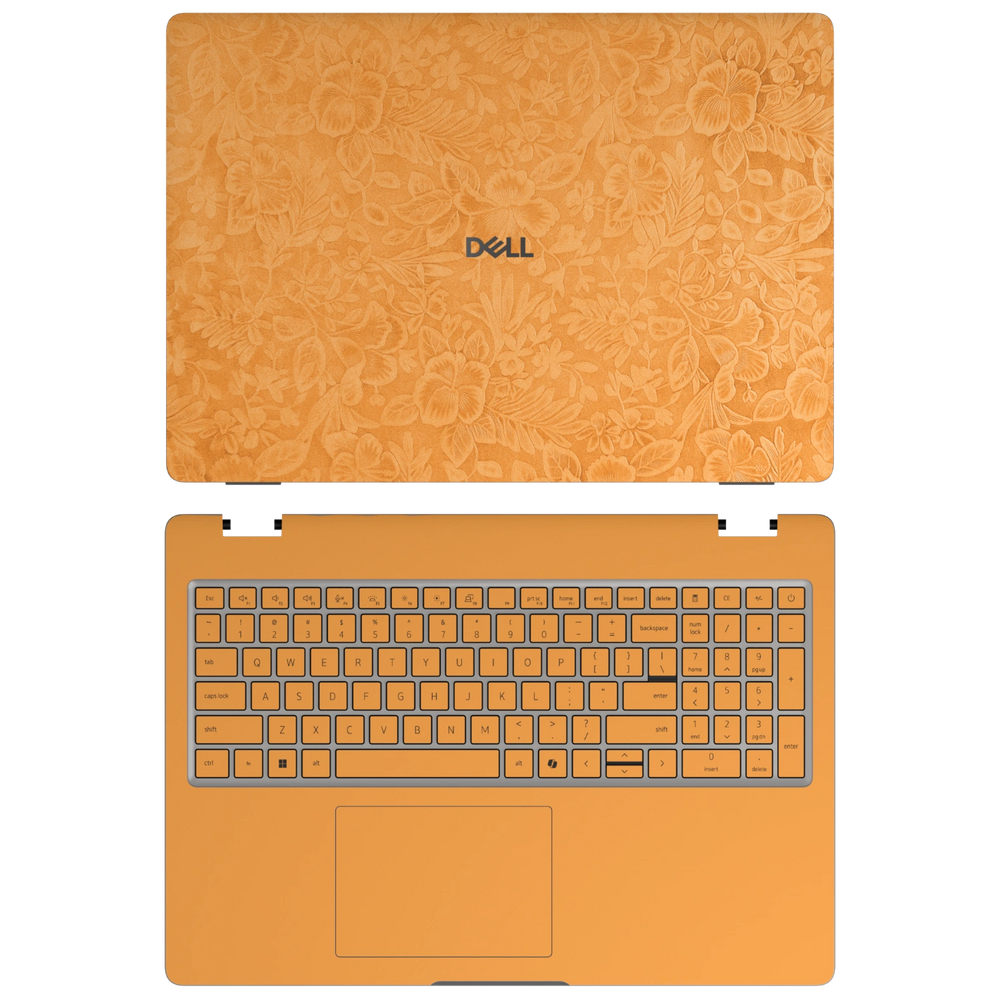 Sunny Yellow Hibiscus synthetic leather skin a+c coverage layout: top lid and inside, rendered for Dell Pro 16 (PC16250); exact pieces follow the selected coverage.