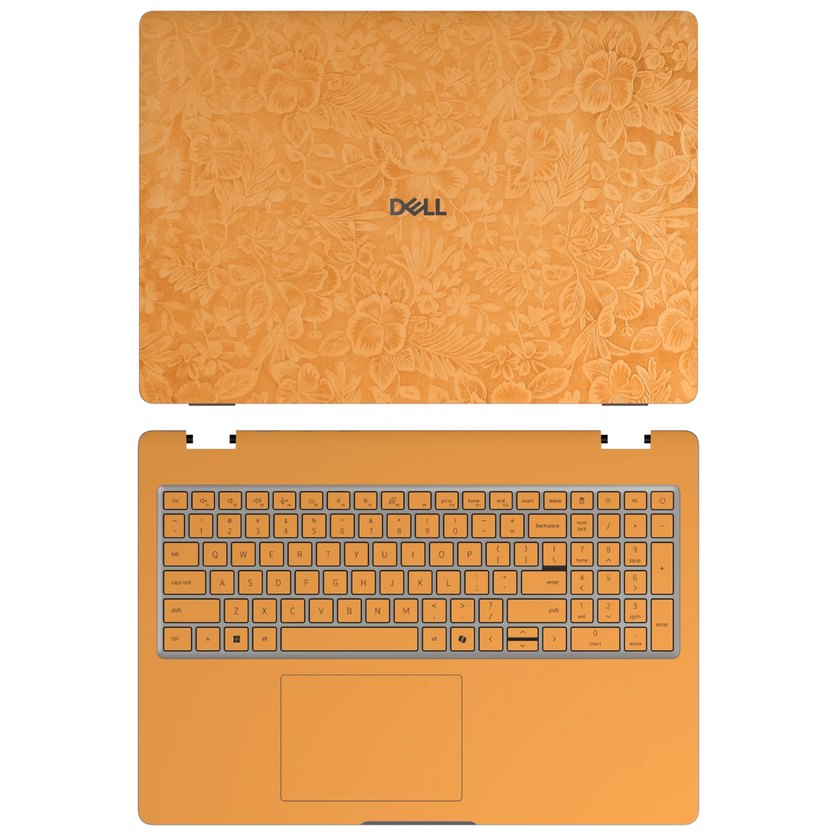 Sunny Yellow Hibiscus synthetic leather skin a+c coverage layout: top lid and inside, rendered for Dell Pro 16 (PC16250); exact pieces follow the selected coverage.