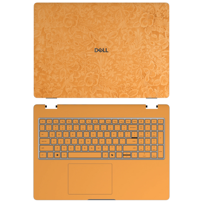 Sunny Yellow Hibiscus synthetic leather skin a+c coverage layout: top lid and inside, rendered for Dell Pro 16 (PC16250); exact pieces follow the selected coverage.