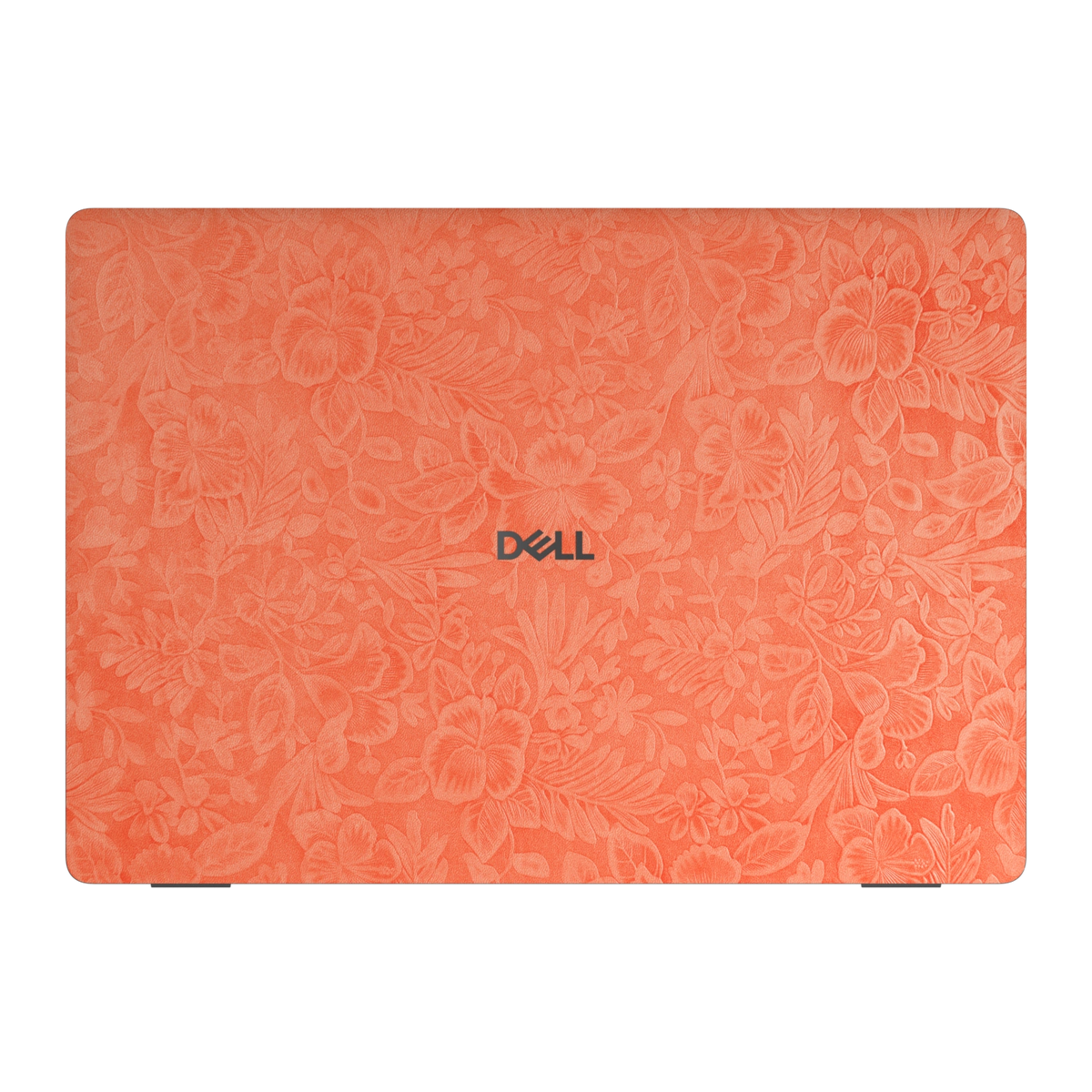 Top lid view of Sunset Orange Hibiscus synthetic leather skin, rendered on Dell Pro 16 (PC16250) as a model reference.