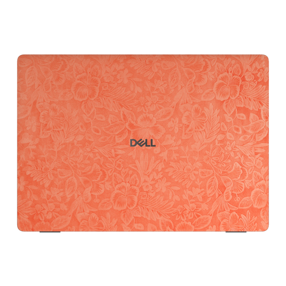 Top lid view of Sunset Orange Hibiscus synthetic leather skin, rendered on Dell Pro 16 (PC16250) as a model reference.