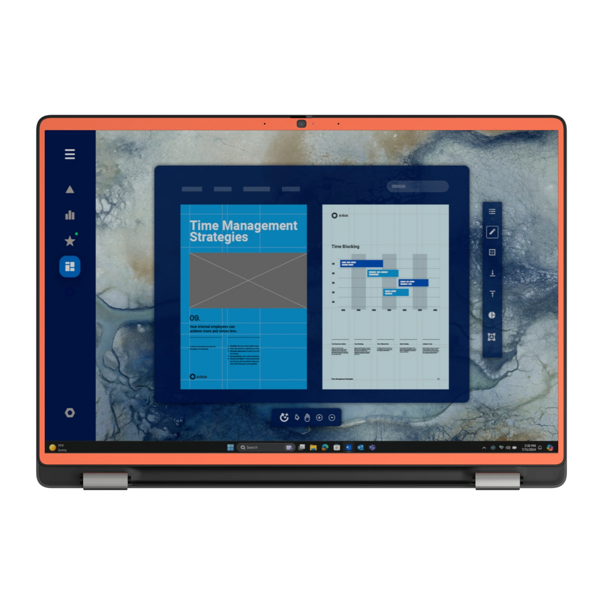 Screen bezel view of Sunset Orange Hibiscus synthetic leather skin, rendered on Dell Pro 16 (PC16250) as a model reference.