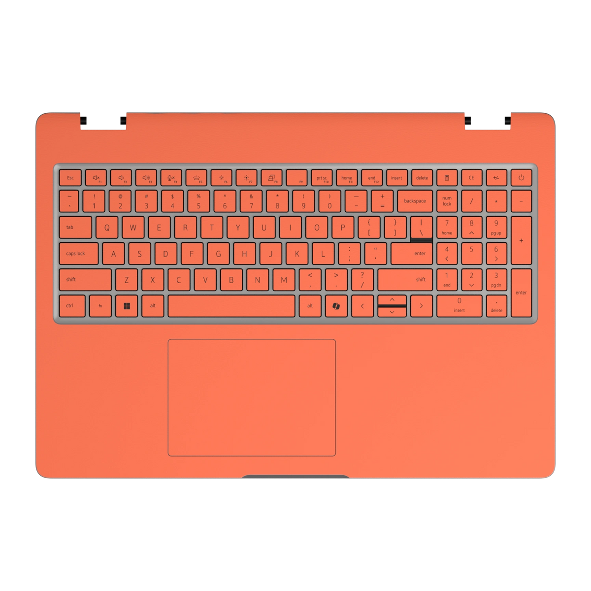 Keyboard deck and palm rest view of Sunset Orange Hibiscus synthetic leather skin, rendered on Dell Pro 16 (PC16250) as a model reference.