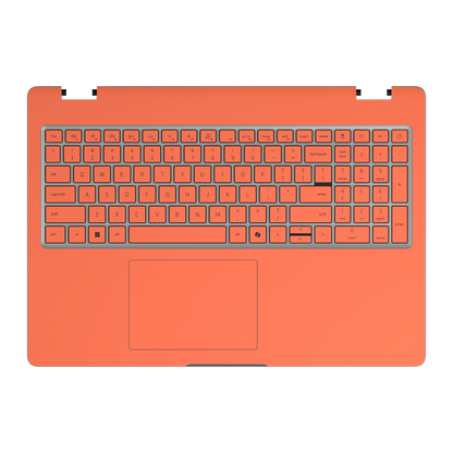 Keyboard deck and palm rest view of Sunset Orange Hibiscus synthetic leather skin, rendered on Dell Pro 16 (PC16250) as a model reference.