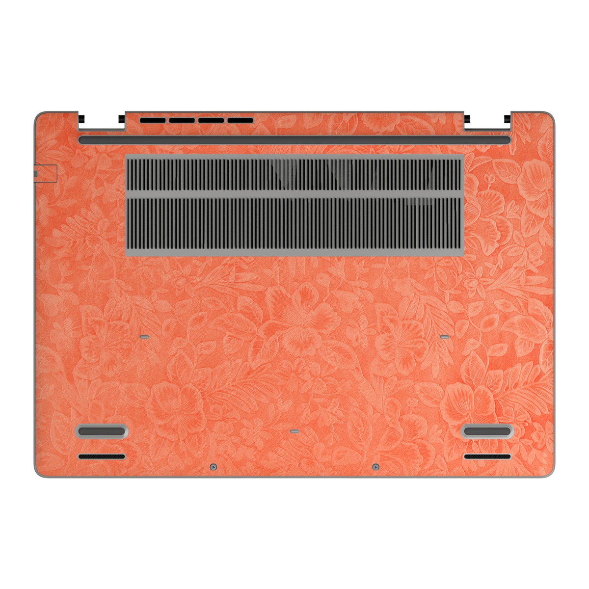 Bottom view of Sunset Orange Hibiscus synthetic leather skin, rendered on Dell Pro 16 (PC16250) as a model reference.