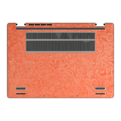 Bottom view of Sunset Orange Hibiscus synthetic leather skin, rendered on Dell Pro 16 (PC16250) as a model reference.