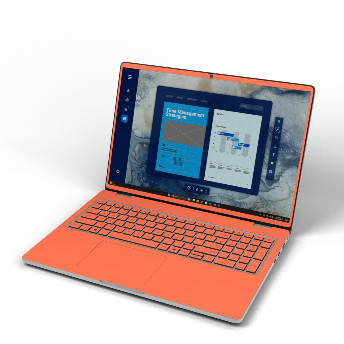 Front three-quarter view of Sunset Orange Hibiscus synthetic leather skin, rendered on Dell Pro 16 (PC16250) as a model reference.