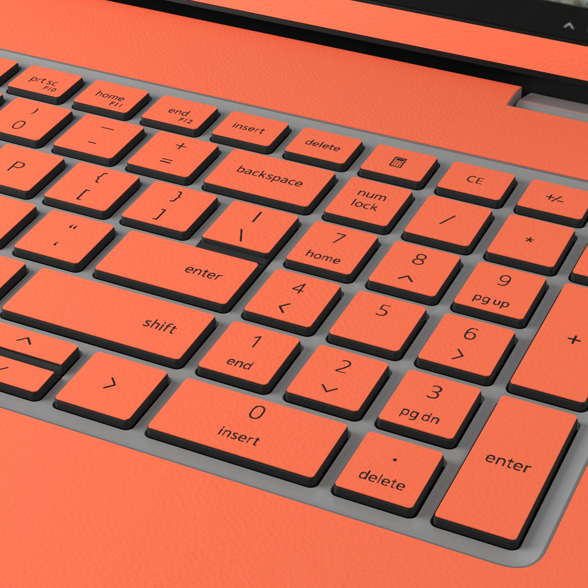 Keycap and leather-texture close-up of Sunset Orange Hibiscus synthetic leather skin, rendered on Dell Pro 16 (PC16250) as a model reference.