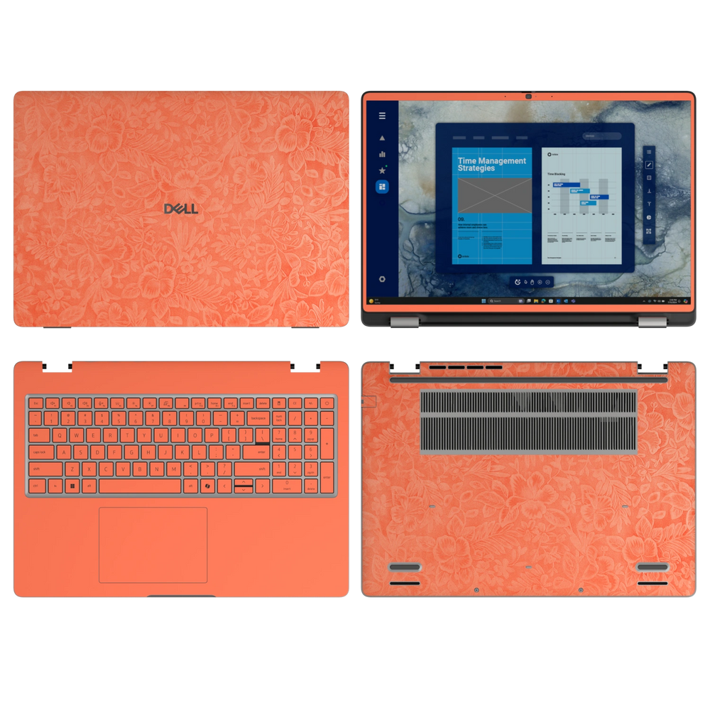Sunset Orange Hibiscus synthetic leather skin a+b+c+d coverage layout: top lid, screen bezel, inside and bottom, rendered for Dell Pro 16 (PC16250); exact pieces follow the selected coverage.