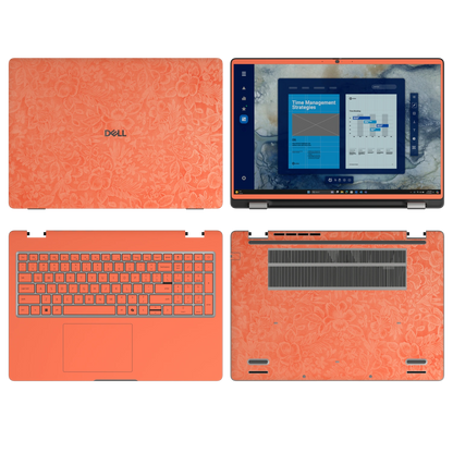 Sunset Orange Hibiscus synthetic leather skin a+b+c+d coverage layout: top lid, screen bezel, inside and bottom, rendered for Dell Pro 16 (PC16250); exact pieces follow the selected coverage.