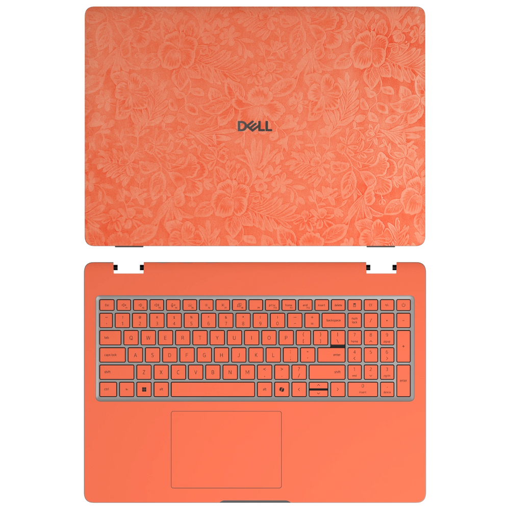Sunset Orange Hibiscus synthetic leather skin a+c coverage layout: top lid and inside, rendered for Dell Pro 16 (PC16250); exact pieces follow the selected coverage.
