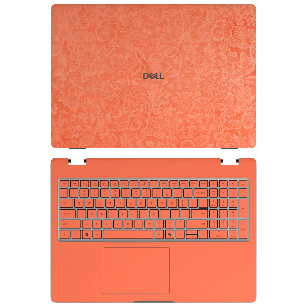 Sunset Orange Hibiscus synthetic leather skin a+c coverage layout: top lid and inside, rendered for Dell Pro 16 (PC16250); exact pieces follow the selected coverage.