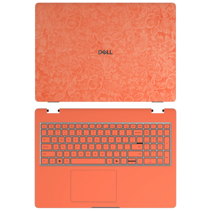 Sunset Orange Hibiscus synthetic leather skin a+c coverage layout: top lid and inside, rendered for Dell Pro 16 (PC16250); exact pieces follow the selected coverage.
