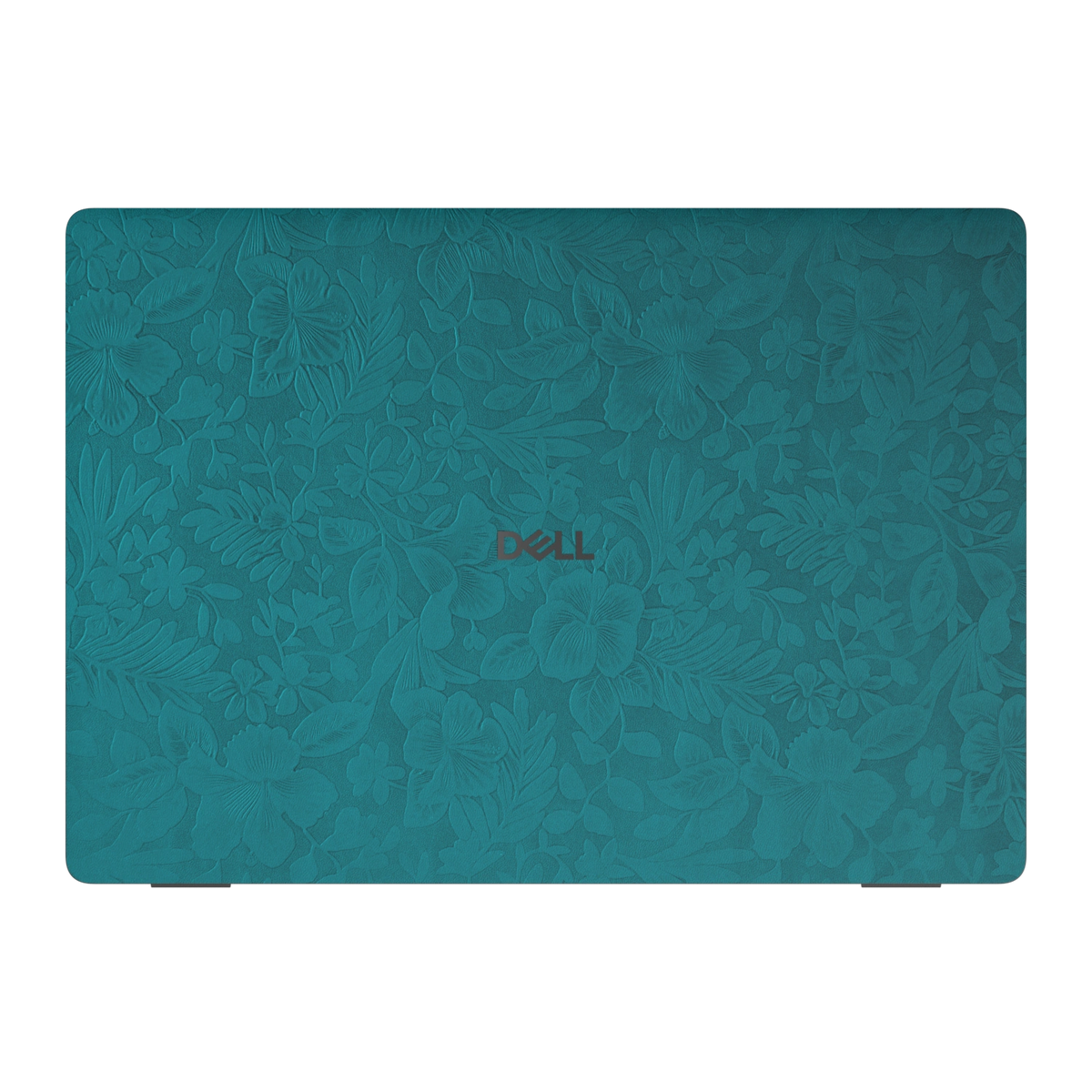Top lid view of Tropical Teal Hibiscus synthetic leather skin, rendered on Dell Pro 16 (PC16250) as a model reference.