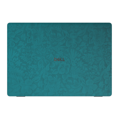 Top lid view of Tropical Teal Hibiscus synthetic leather skin, rendered on Dell Pro 16 (PC16250) as a model reference.