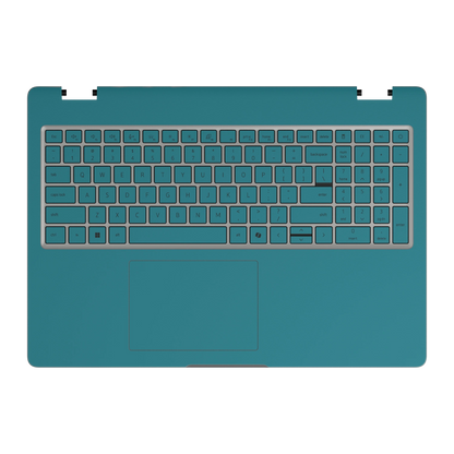 Keyboard deck and palm rest view of Tropical Teal Hibiscus synthetic leather skin, rendered on Dell Pro 16 (PC16250) as a model reference.