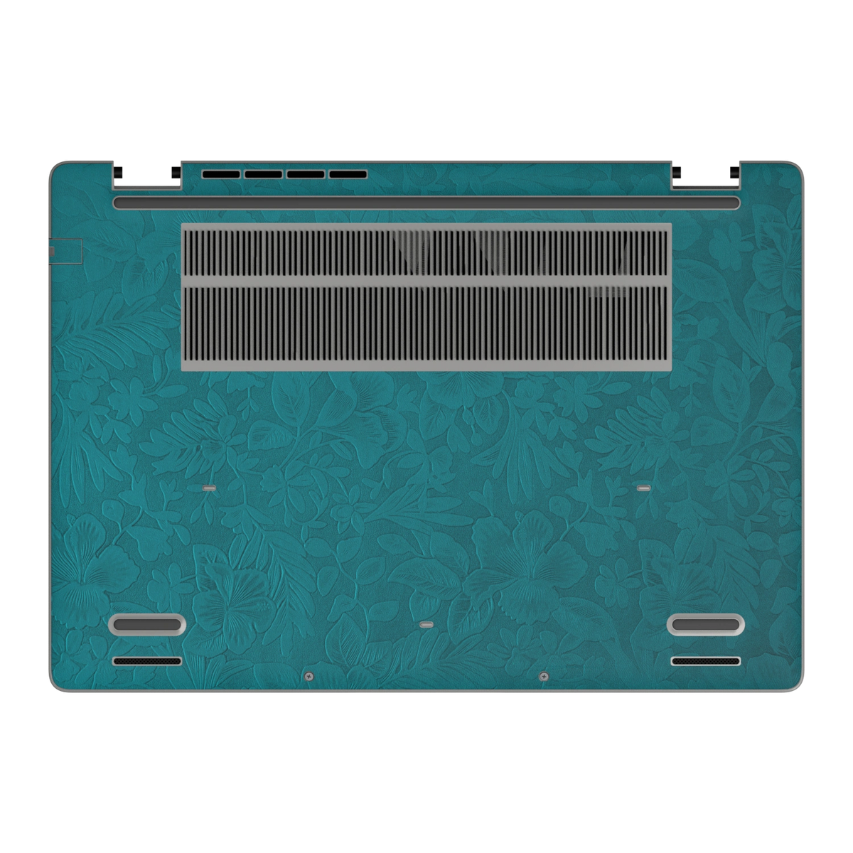 Bottom view of Tropical Teal Hibiscus synthetic leather skin, rendered on Dell Pro 16 (PC16250) as a model reference.