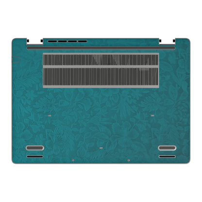 Bottom view of Tropical Teal Hibiscus synthetic leather skin, rendered on Dell Pro 16 (PC16250) as a model reference.